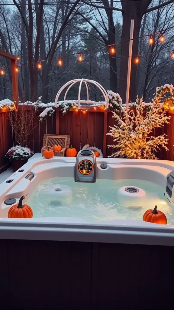21 Amazing Hot Tub Backyard Ideas for Your Outdoor Oasis 14 A hot tub decorated for autumn with pumpkins and string lights, surrounded by snow-dusted plants.