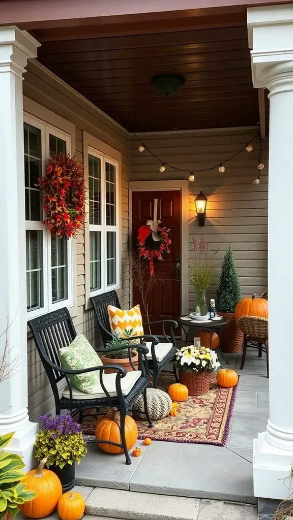 15 Inspiring Outdoor Patio Ideas for Your Dream Space 16 A cozy fall-themed outdoor patio with pumpkins, a wreath, and comfortable seating.