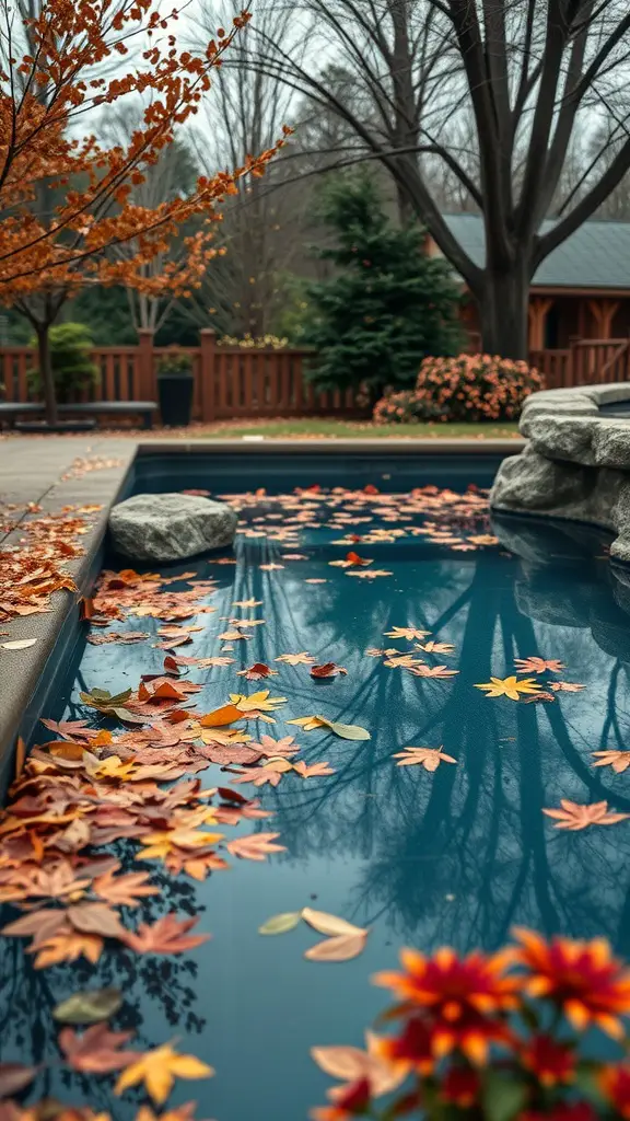 21+ Unique Stock Tank Pool Ideas for Your Backyard Oasis 16 A stock tank pool surrounded by autumn leaves and trees, showcasing a fall decor theme.