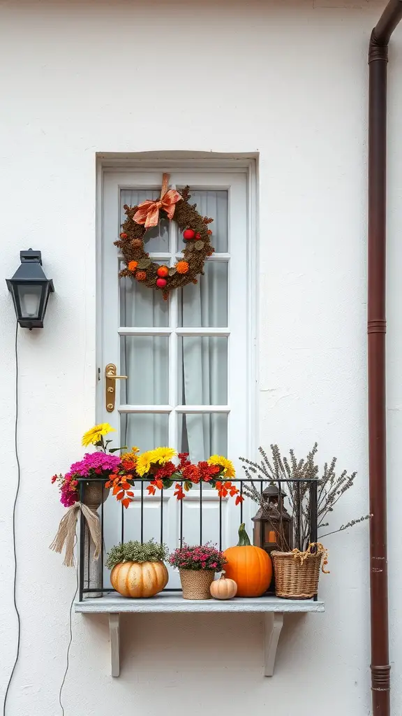 23 Creative Small Balcony Decor Ideas You Need to Try 13 A small balcony decorated for fall with a wreath, colorful flowers, and pumpkins.