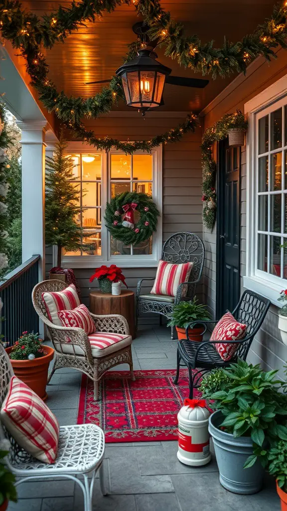 29 Creative Small Patio Decorating Ideas You’ll Love 17 A cozy small patio decorated for the season with festive wreaths, plants, and comfortable seating.