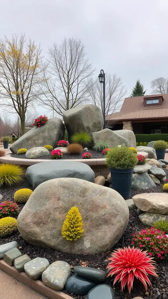 A landscaped area featuring large boulders surrounded by colorful flowers and greenery.