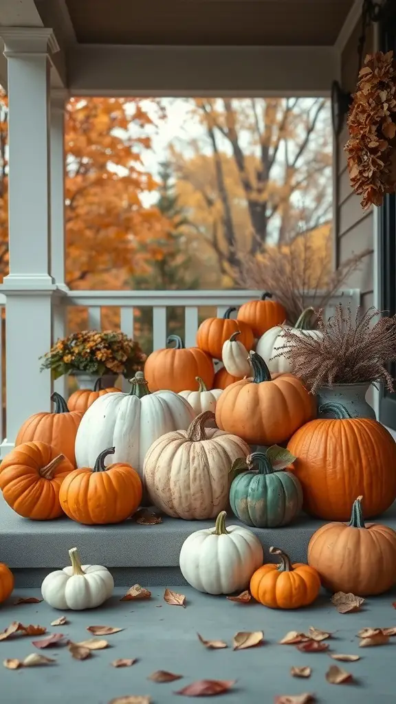 23 Creative DIY Yard Decor Ideas You Can't Miss 15 A porch decorated with various pumpkins in shades of orange, white, and green, surrounded by autumn leaves.