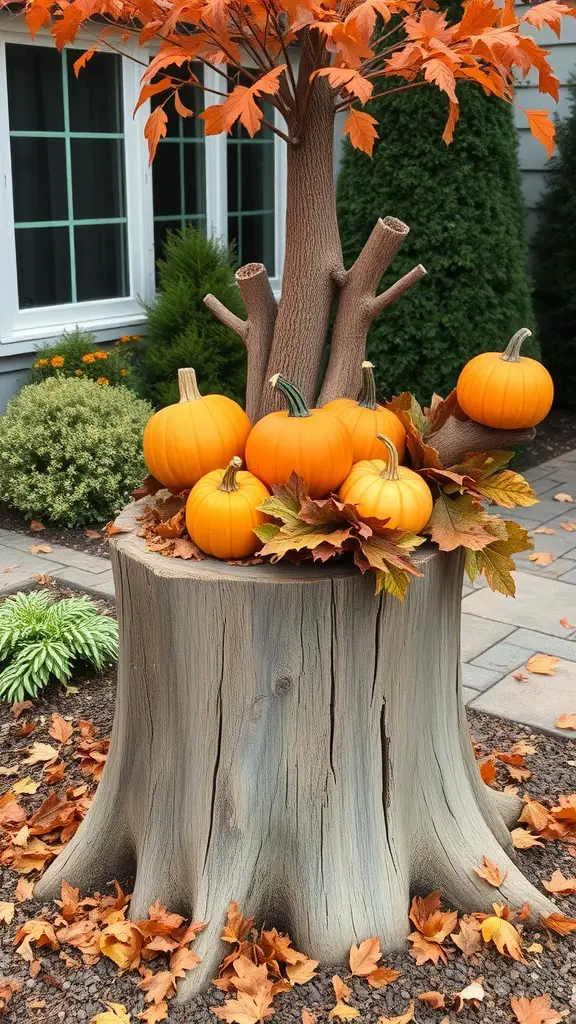 A tree stump planter decorated with pumpkins and autumn leaves, showcasing seasonal decoration.