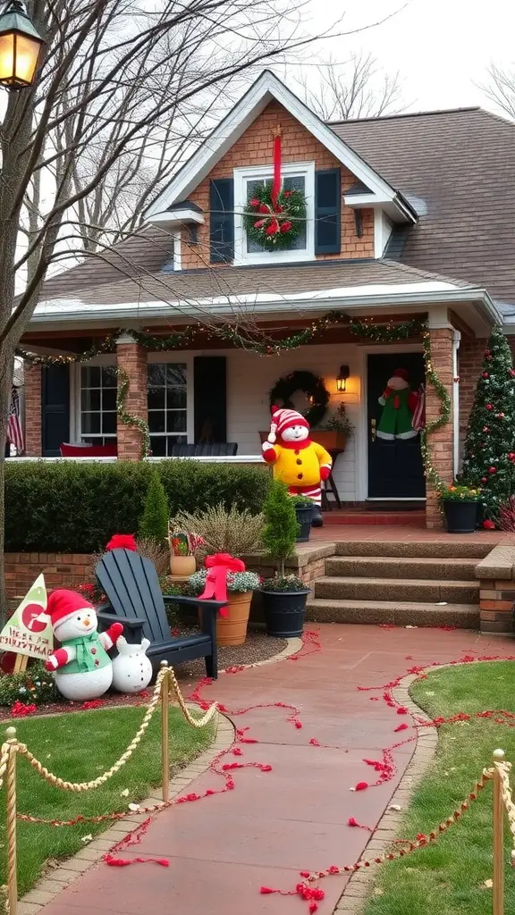 17 Stunning Front Yard Landscaping Ideas for a Beautiful Home Exterior 14 A festive front yard decorated for the holidays with snowman, Santa, wreath, and lights.