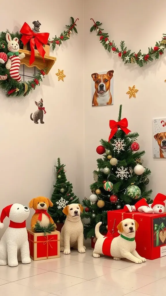 19+ Unique Dog Corner Ideas to Elevate Your Pet's Space 13 A festive corner decorated for the holidays with a Christmas tree, dog figurines, and colorful ornaments.