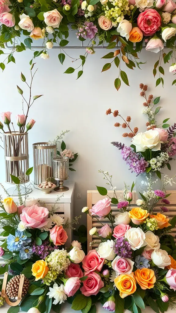23 Creative Baby Shower Ideas for October Celebrations 16 A beautiful display of seasonal floral arrangements featuring pink, yellow, and white roses, along with greenery and decorative elements.