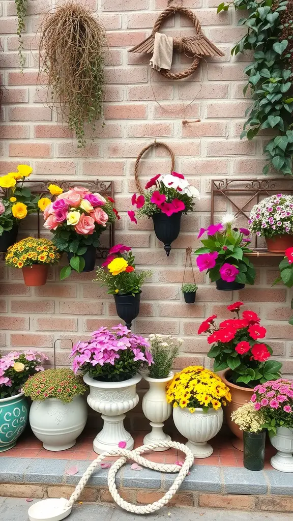 19 Creative Garden Wall Ideas to Transform Your Outdoor Space 17 Colorful seasonal flower arrangements on a garden wall with various pots and hanging planters.