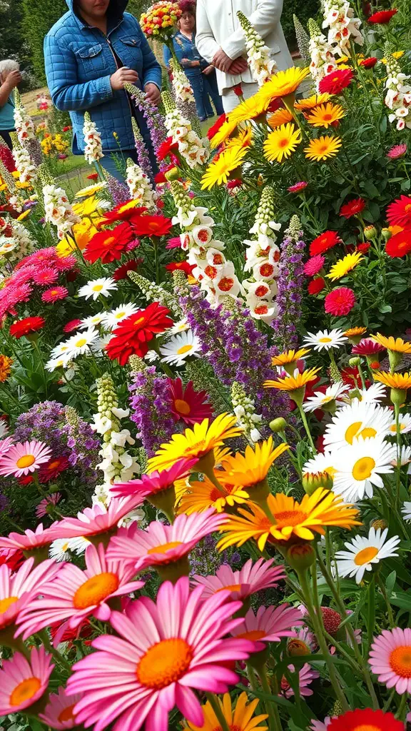 19 Enchanted Garden Ideas to Transform Your Outdoor Space 17 A colorful display of seasonal flowers with people admiring them.