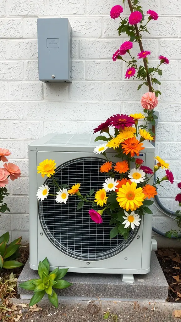 17 Creative Landscaping Ideas to Hide Your AC Unit 15 Colorful flowers surrounding an air conditioning unit, showcasing seasonal flower rotations.