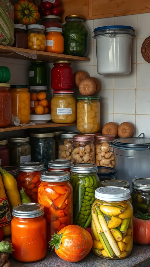15+ Essential Food Storage Room Ideas for Your Home 15 A colorful food storage room filled with jars of preserved fruits and vegetables.