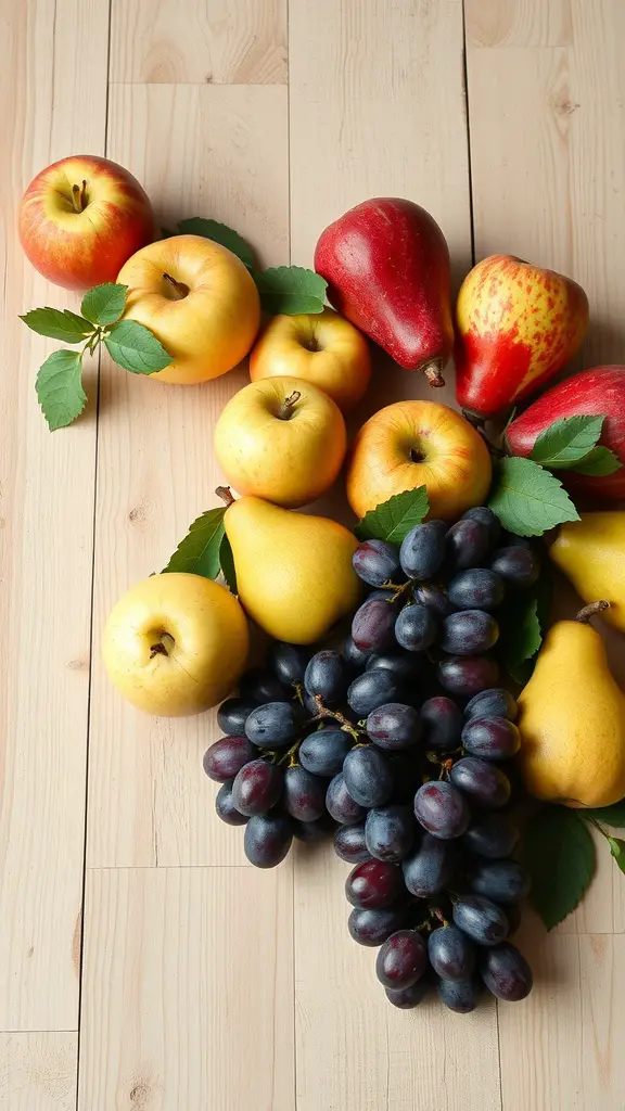 17 Creative Fall-Themed Baby Shower Ideas You’ll Love 15 A colorful display of seasonal fruits including apples, pears, and grapes on a wooden surface.