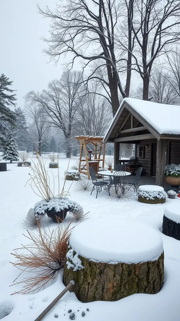 A winter garden scene featuring a cozy cabin, snow-covered trees, and artistic planters.