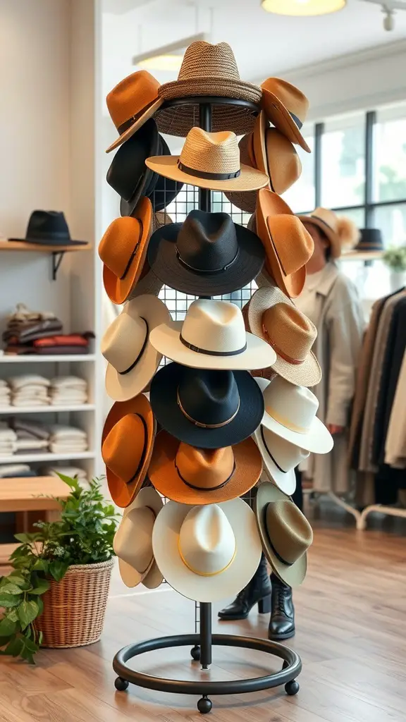 19 Creative Hat Rack Ideas for Your Home 17 A rotating hat display rack filled with various hats in different colors and styles.