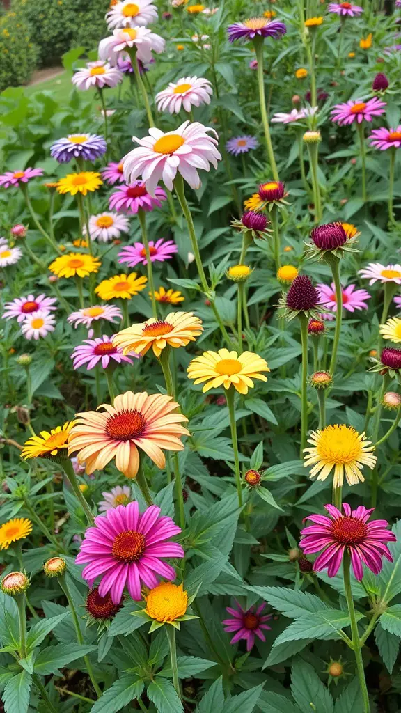 A colorful display of perennial flowers including Echinacea and daisies in a garden.