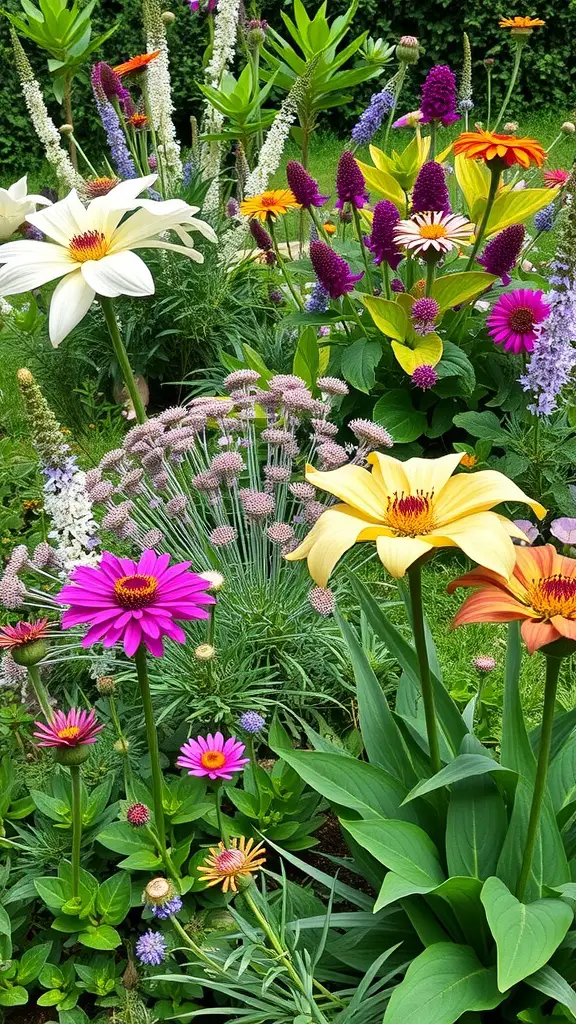 A colorful perennial garden featuring a variety of flowers in bloom, including large yellow and pink blooms, surrounded by lush green foliage.