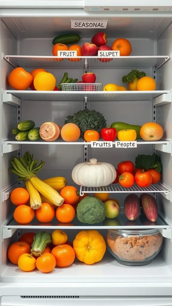 An organized fridge with seasonal fruits and vegetables, labeled for easy access.