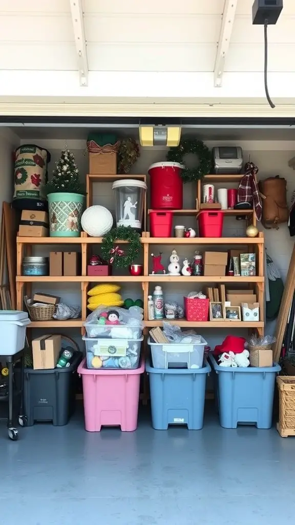 37+Genius Ideas for Garage Storage Organization 16 Organized garage with seasonal items stored in colorful bins and on shelves