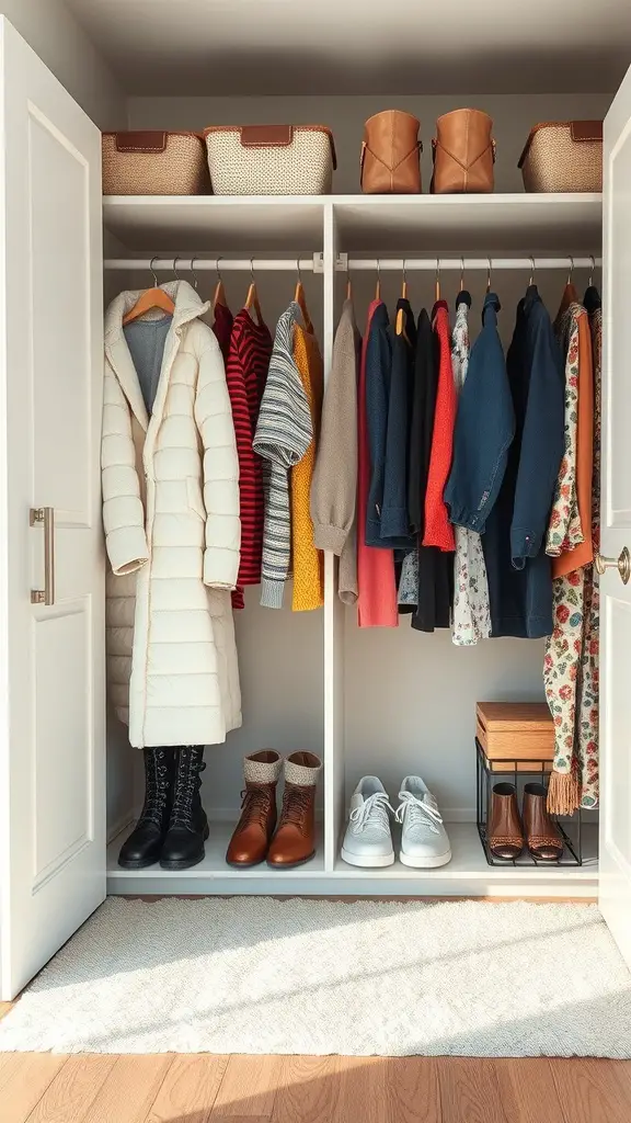 21 Creative Open Closet Ideas for Stylish Organization 10 A well-organized open closet featuring seasonal clothing, shoes, and storage baskets.