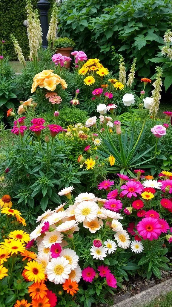 21 Creative Garden Border Ideas You Can Try Today 17 A colorful garden border filled with various flowers including daisies, zinnias, and foxgloves.
