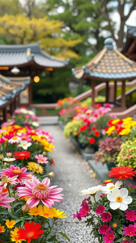 21 Inspiring Japanese Garden Ideas You’ll Love 14 A vibrant pathway in a Japanese garden lined with colorful flowers and traditional architecture.