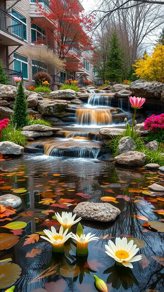 A seasonal pond with a colorful waterfall, surrounded by flowers and autumn leaves.