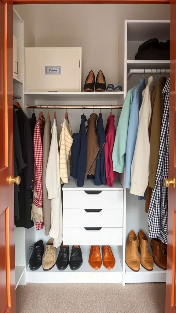23 Creative Small Closet Organization Ideas for Maximum Space 17 A neatly organized closet with clothes on hangers and shoes on the floor.