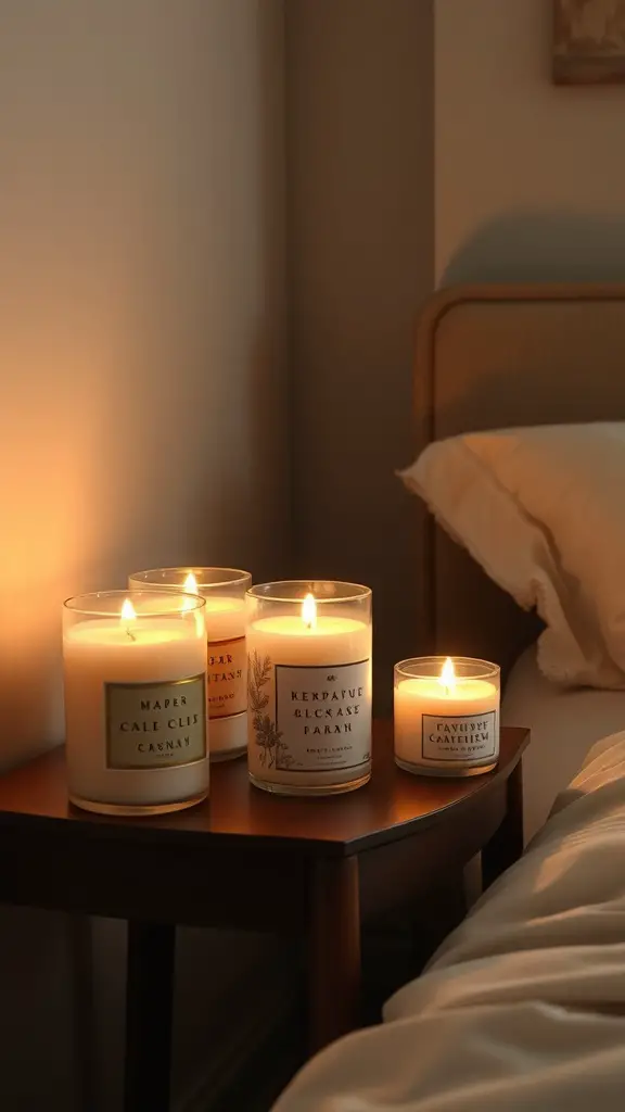 A collection of scented candles on a bedside table, glowing softly in a cozy bedroom setting.