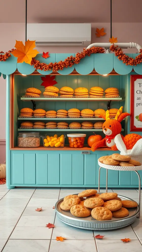 23 Creative Baby Shower Ideas for October Celebrations 6 A colorful seasonal snack bar with baked goods, candies, and autumn decorations.