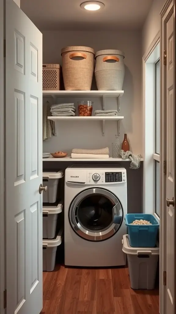 15+ Clever Hallway Laundry Closet Ideas for Small Spaces 14 A well-organized laundry closet with a washing machine, shelves, and storage bins.
