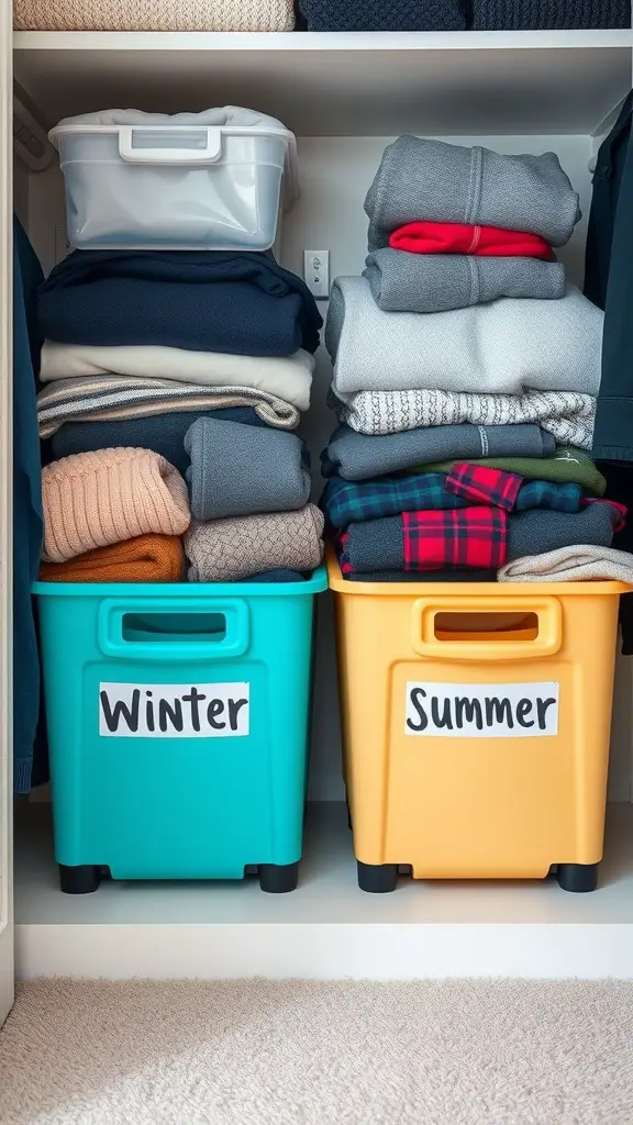 17+ Smart Closet Storage Ideas to Maximize Space 15 Organized closet with labeled bins for winter and summer clothing.