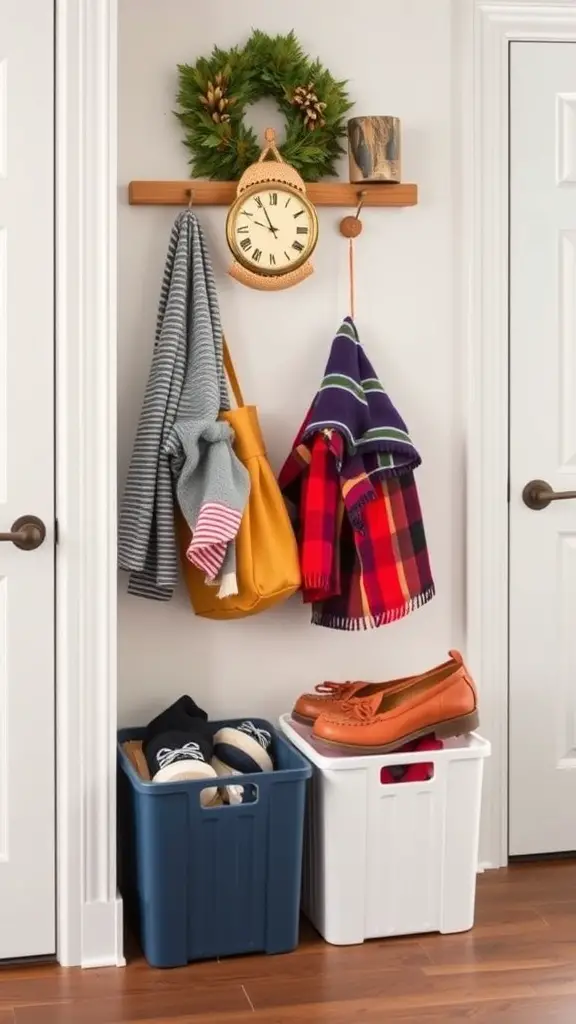 An organized entryway with a wooden rack, a clock, a wreath, hanging clothes, and storage bins for shoes.