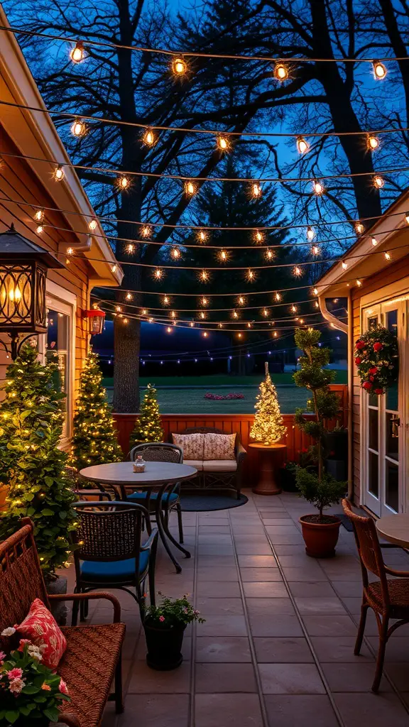 23+ Creative Patio String Light Ideas to Transform Your Outdoor Space 12 A beautifully lit patio with string lights, cozy seating, and decorated trees.