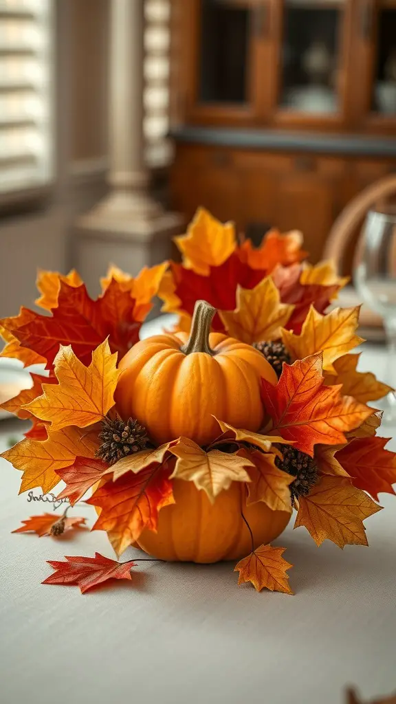 23 Stunning Dollar Tree Centerpieces You Can DIY 2 A pumpkin centerpiece surrounded by faux autumn leaves on a dining table.