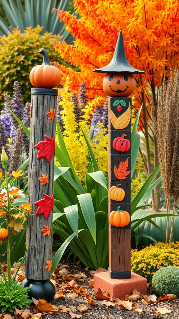 19 Stunning Garden Totems to Elevate Your Outdoor Space 12 Two colorful garden totems for autumn, featuring pumpkins and leaves, set against vibrant fall foliage.