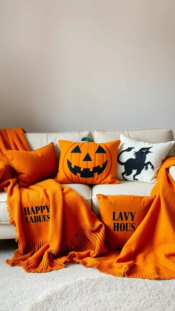 Cozy couch with orange blankets and Halloween-themed pillows