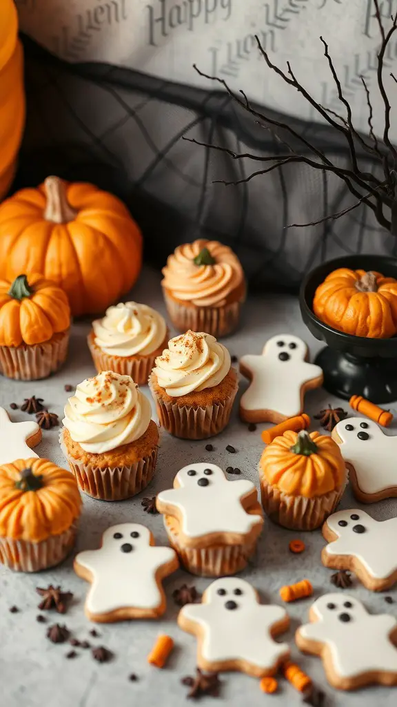 A festive display of Halloween-themed desserts including ghost cookies, pumpkin cupcakes, and mini pumpkins.