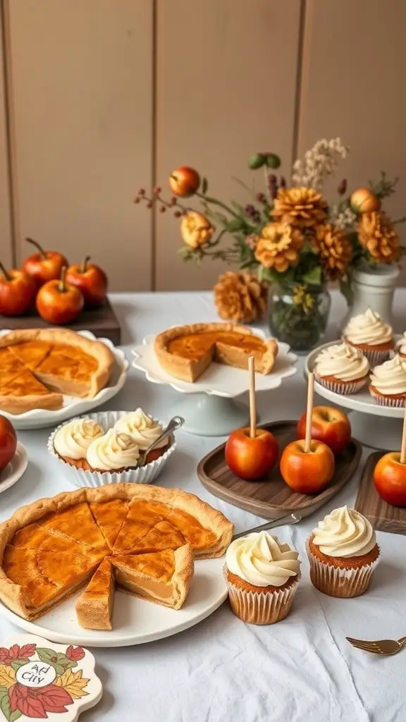 17 Creative Baby Shower Ideas for a September Celebration 4 A seasonal treats table featuring pumpkin pie, cupcakes, and caramel apples, decorated with autumn flowers.