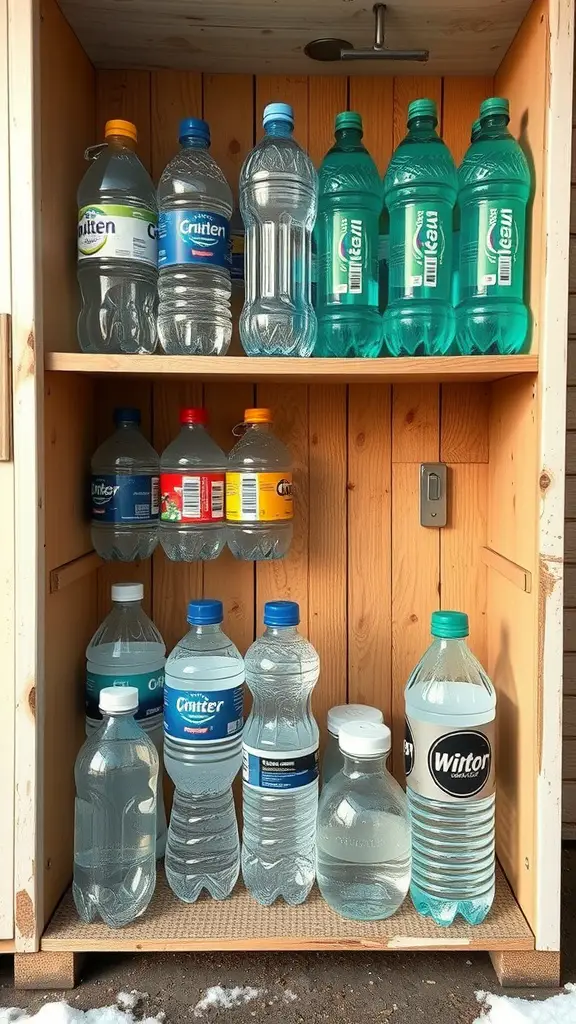 15+ Creative Ways to Store Your Water Bottles 17 A wooden storage unit filled with various water bottles, organized neatly on shelves.