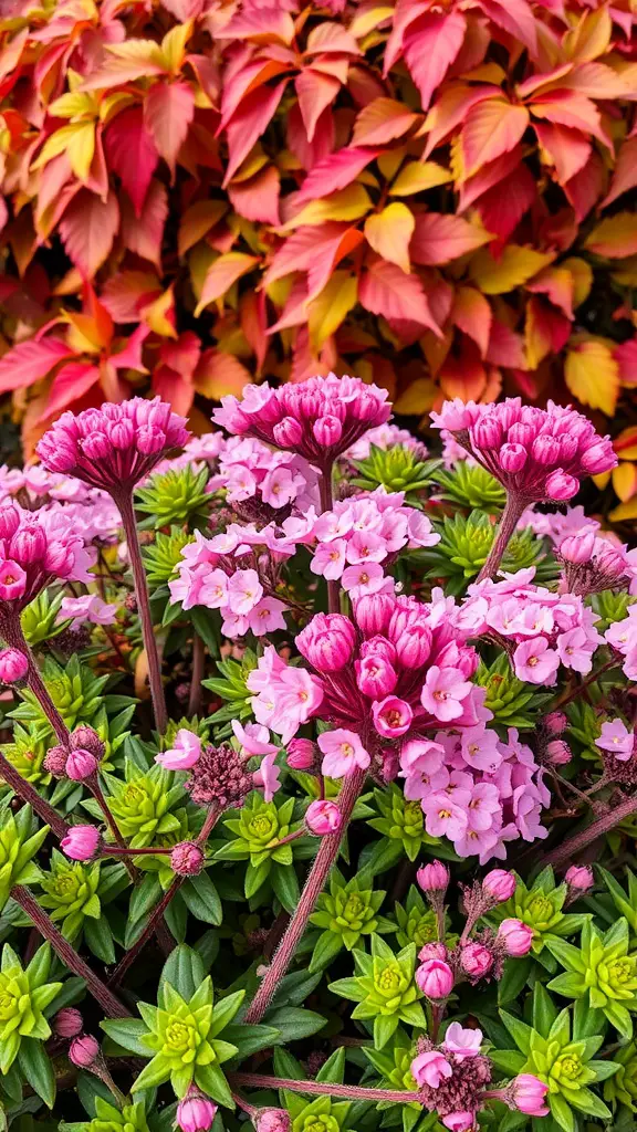 19 Stunning Fall Plants to Brighten Your Garden 17 Sedum 'Autumn Joy' flowers in pink hues with colorful foliage in the background