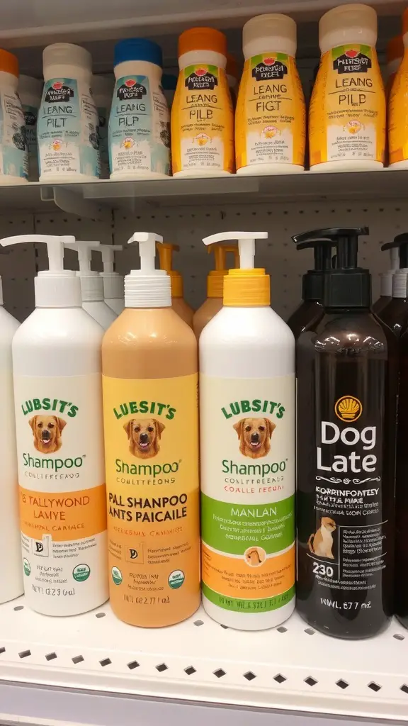 21+ Essential Items for a Perfect Dog Washing Station 10 A shelf displaying various dog shampoos, including brands like Lubsit’s and Dog Late, showcasing different formulas for dog grooming.