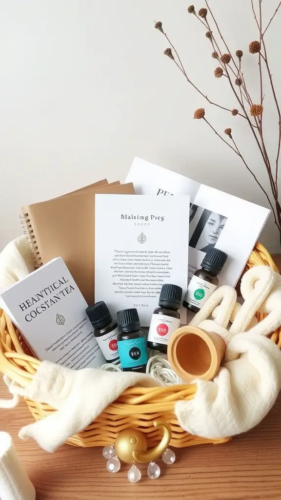 15 Creative Dollar Tree Gift Basket Ideas for Any Occasion 16 A cozy self-care gift basket filled with essential oils, herbal tea, a journal, and decorative elements.