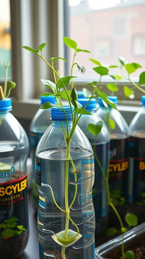 Image of self-watering bottle planters with plants growing from the tops of plastic bottles.