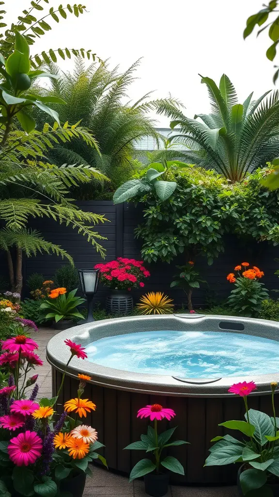 21 Amazing Hot Tub Backyard Ideas for Your Outdoor Oasis 2 A hot tub surrounded by colorful flowers and lush greenery in a serene garden setting.