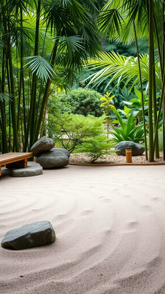 23 Stunning Dream Garden Ideas to Transform Your Outdoor Space 6 A tranquil Zen garden featuring raked sand, lush greenery, and stones.
