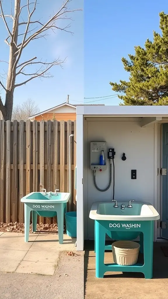 21+ Essential Items for a Perfect Dog Washing Station 13 Two dog washing stations, one outdoors and one indoors, showcasing different setups for washing dogs.
