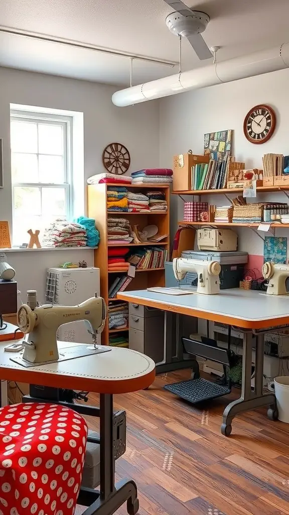 A sewing room with vintage machines, colorful fabrics, and a cozy atmosphere.