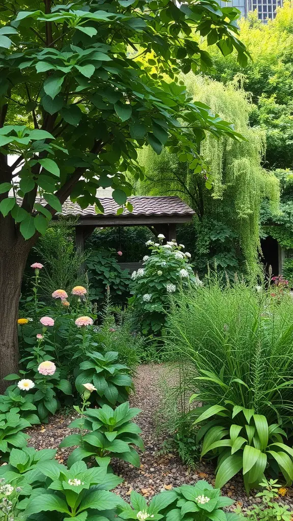 15 Inspiring Perennial Garden Design Ideas to Transform Your Space 7 A lush garden with shade-loving perennials, featuring pink zinnias, tall grasses, and a gazebo in the background.