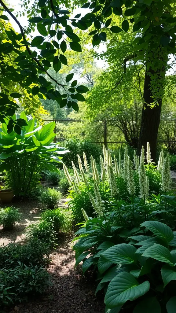 A lush garden scene featuring shade-loving perennials with large leaves and white flowers.