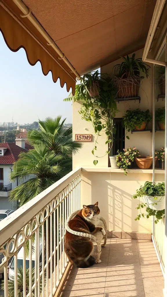21 Creative Cat Balcony Ideas for a Purr-fect Outdoor Retreat 15 A cat lounging in a basket on a balcony with a shade canopy and potted plants.